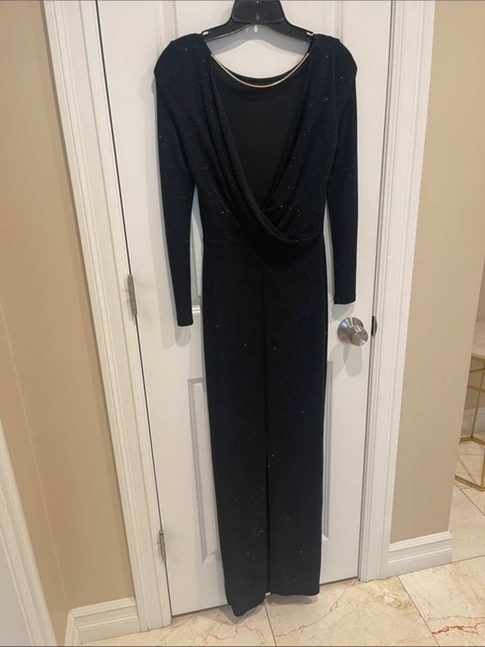 H&M Black Draped Long-Sleeve Glitter Evening Maxi Dress